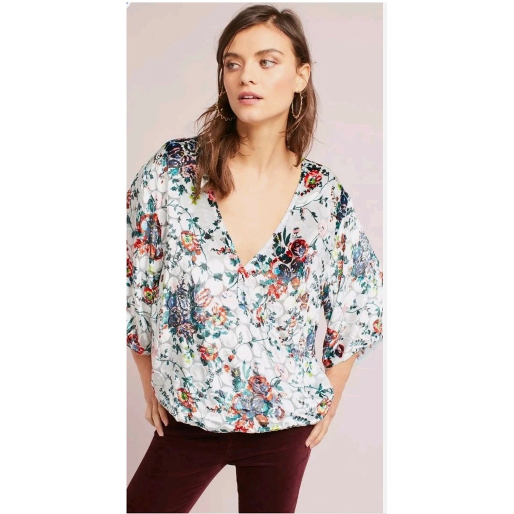 Maeve Anthropologie Umi Wrap Top Burnout Velvet Floral Multicolor Size XL